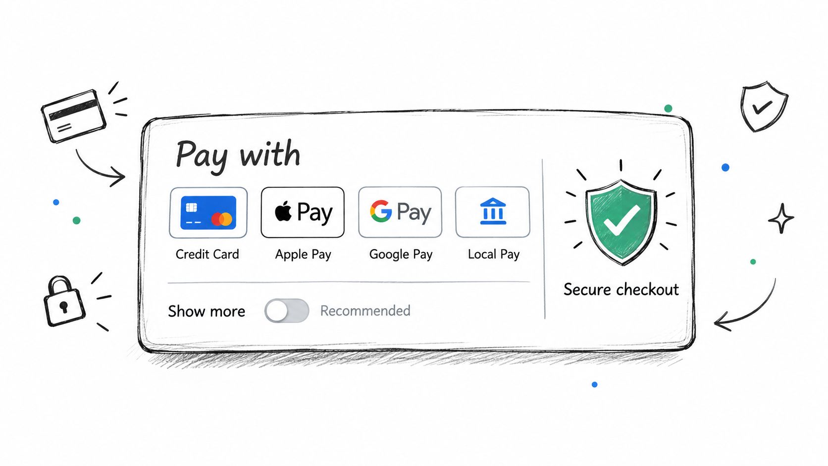 A digital illustration of a secure online payment checkout interface featuring various payment method icons.