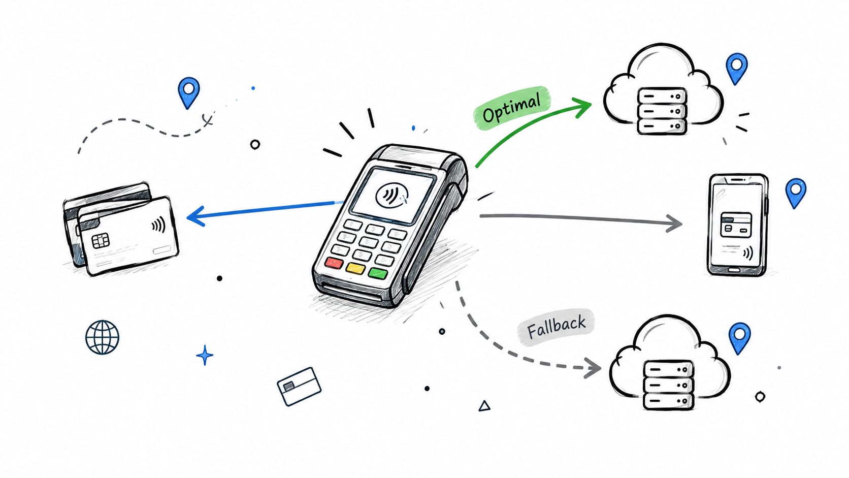 A hand-drawn illustration showing a payment terminal processing transactions between cards, smartphones, and cloud server systems.
