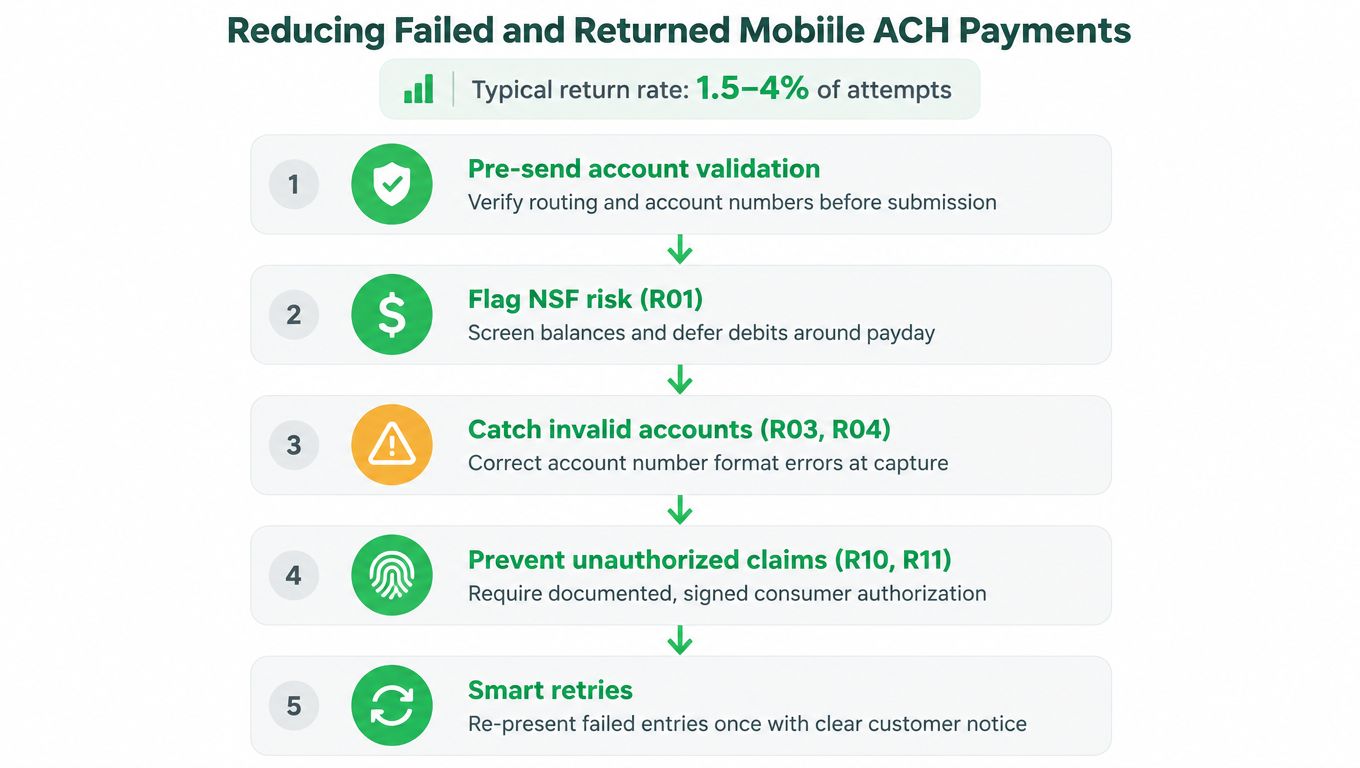 A five-step infographic illustrating strategies for reducing failed and returned mobile ACH payment transactions.