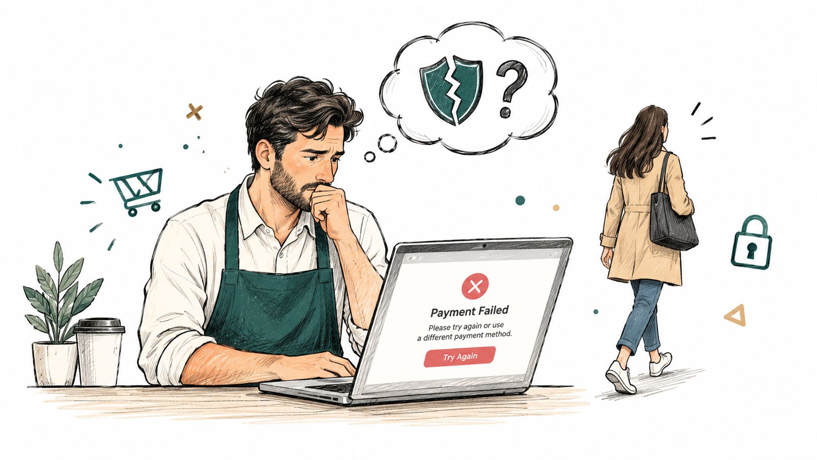 A store owner looking worried at a laptop displaying a payment failed message while a customer walks away.