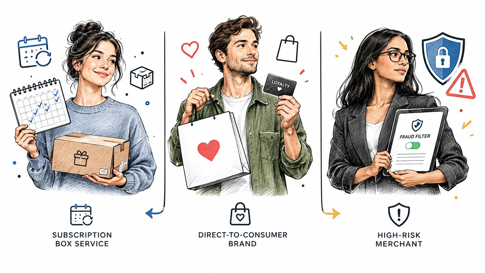 Three professional illustrations depicting a subscription box service, a direct-to-consumer brand, and a high-risk merchant business.