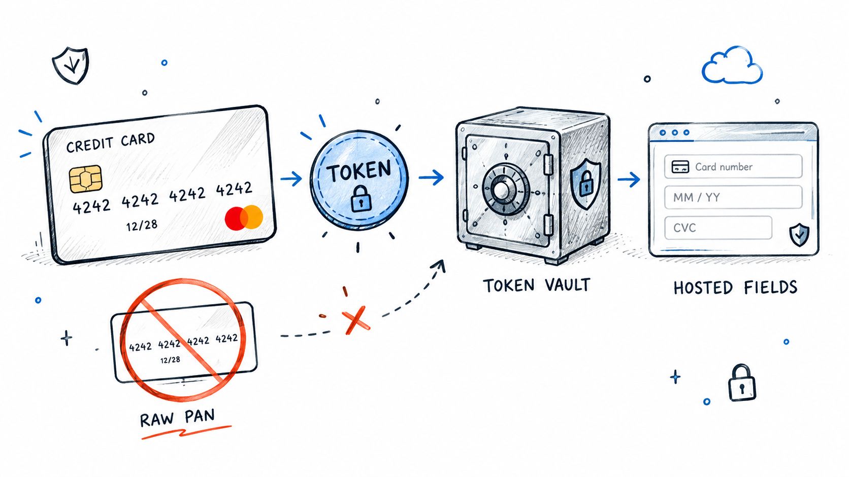 A diagram illustrating the secure tokenization process for credit card data replacement to reduce payment security risks.