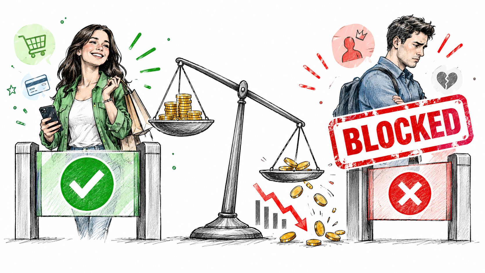 A conceptual illustration comparing successful e-commerce shopping with blocked fraudulent financial transactions for a male user.