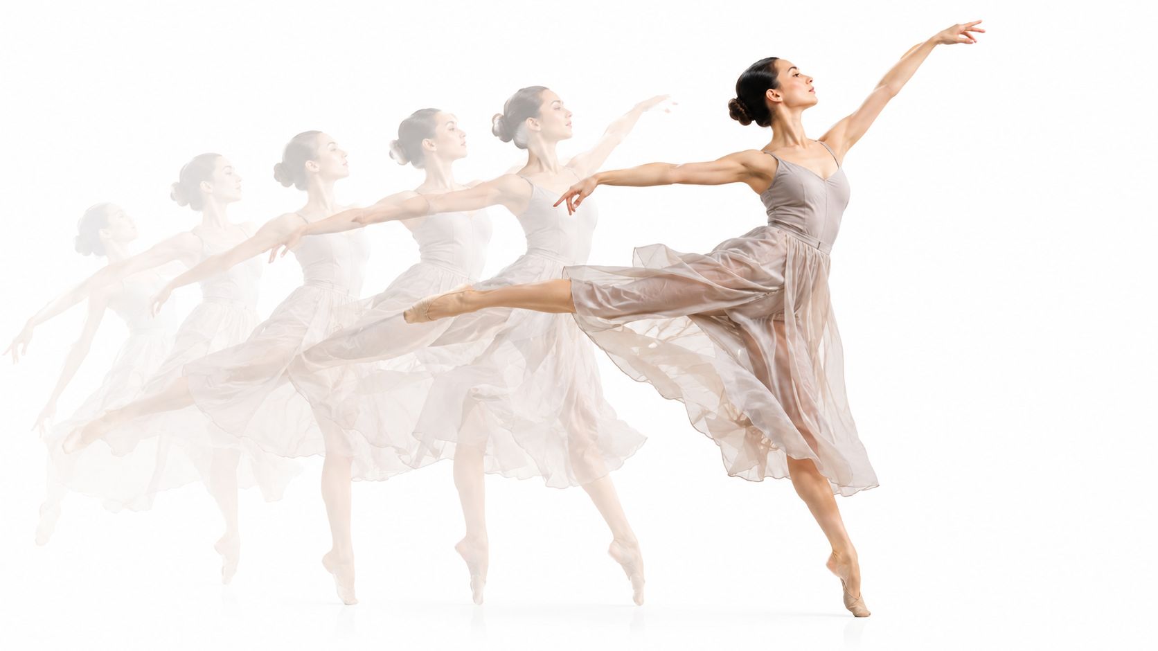 A ballet dancer performing a graceful jump with motion blur effects on a clean white background.