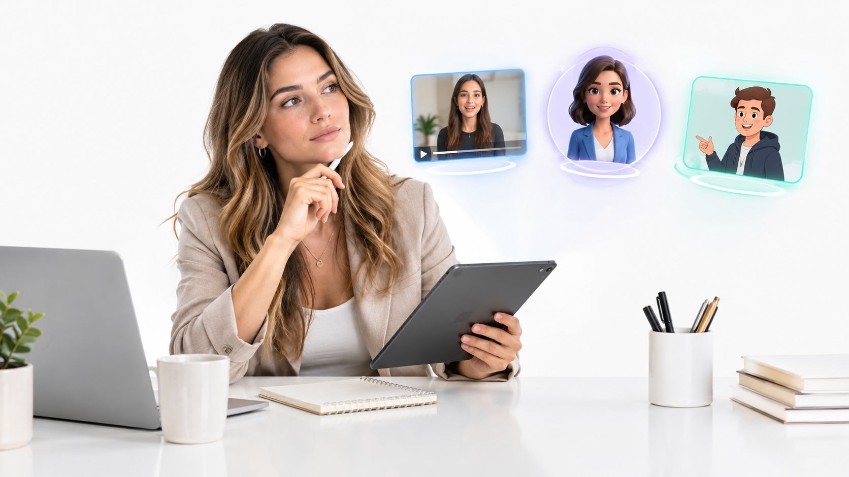 A businesswoman using a tablet to create AI marketing videos with various virtual avatar options displayed.