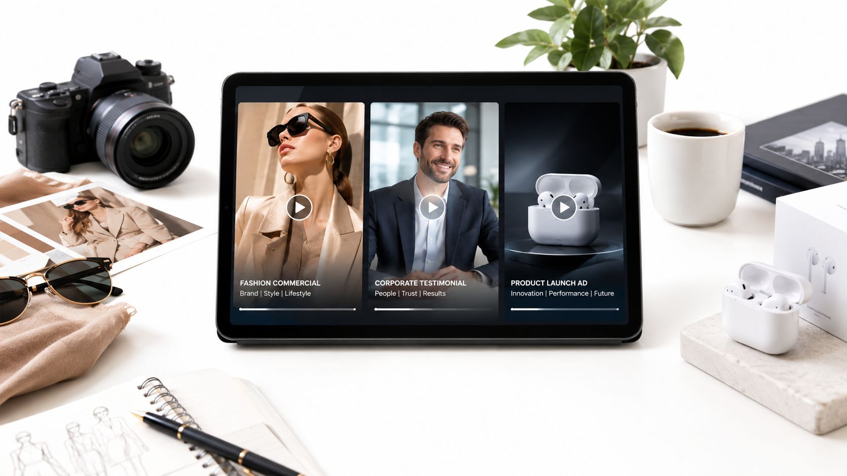 A tablet on a desk displays three video thumbnails for fashion, corporate, and product launch advertisements.