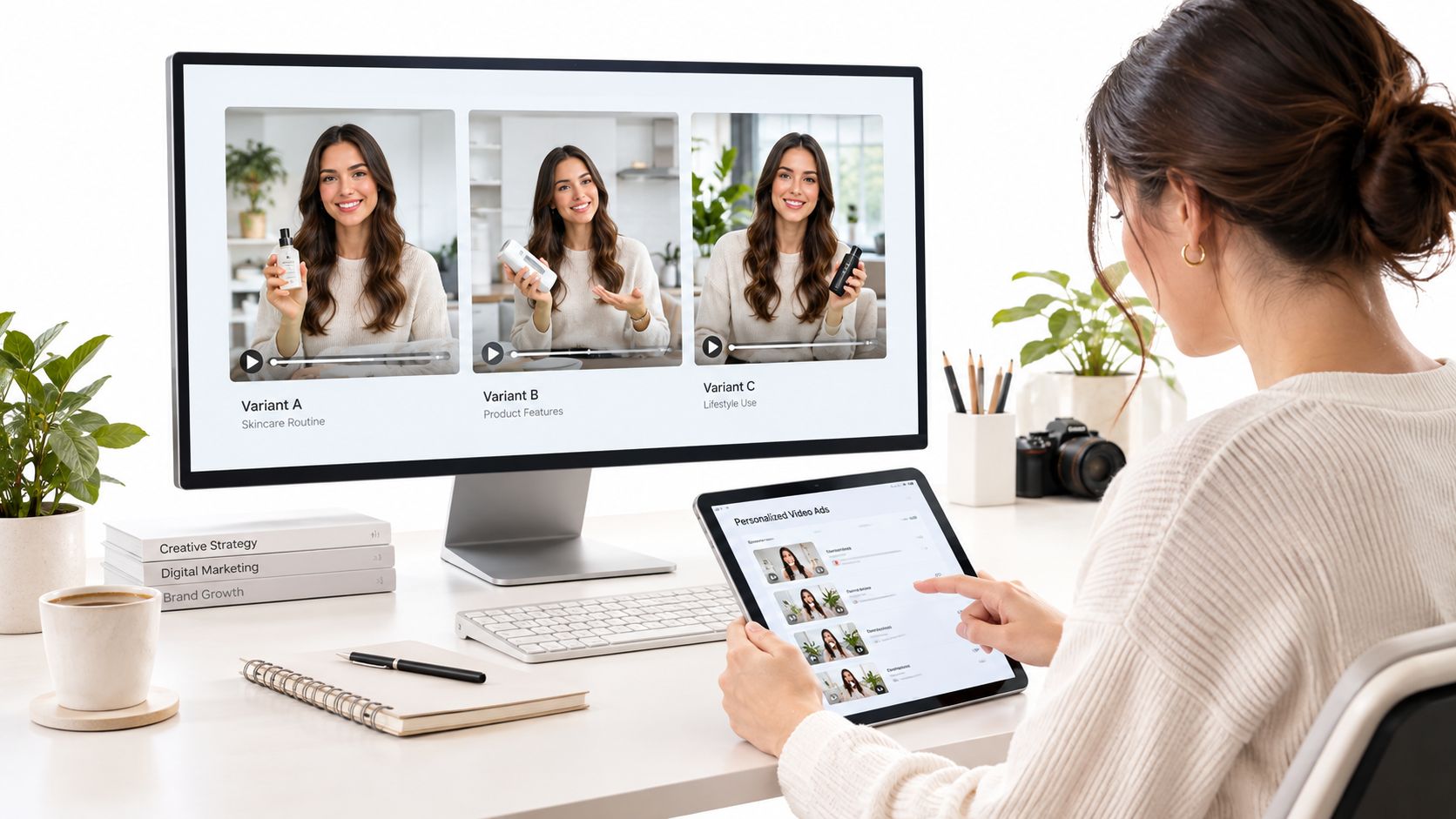 A woman working at a desk using a computer and tablet to edit personalized video ad variants.