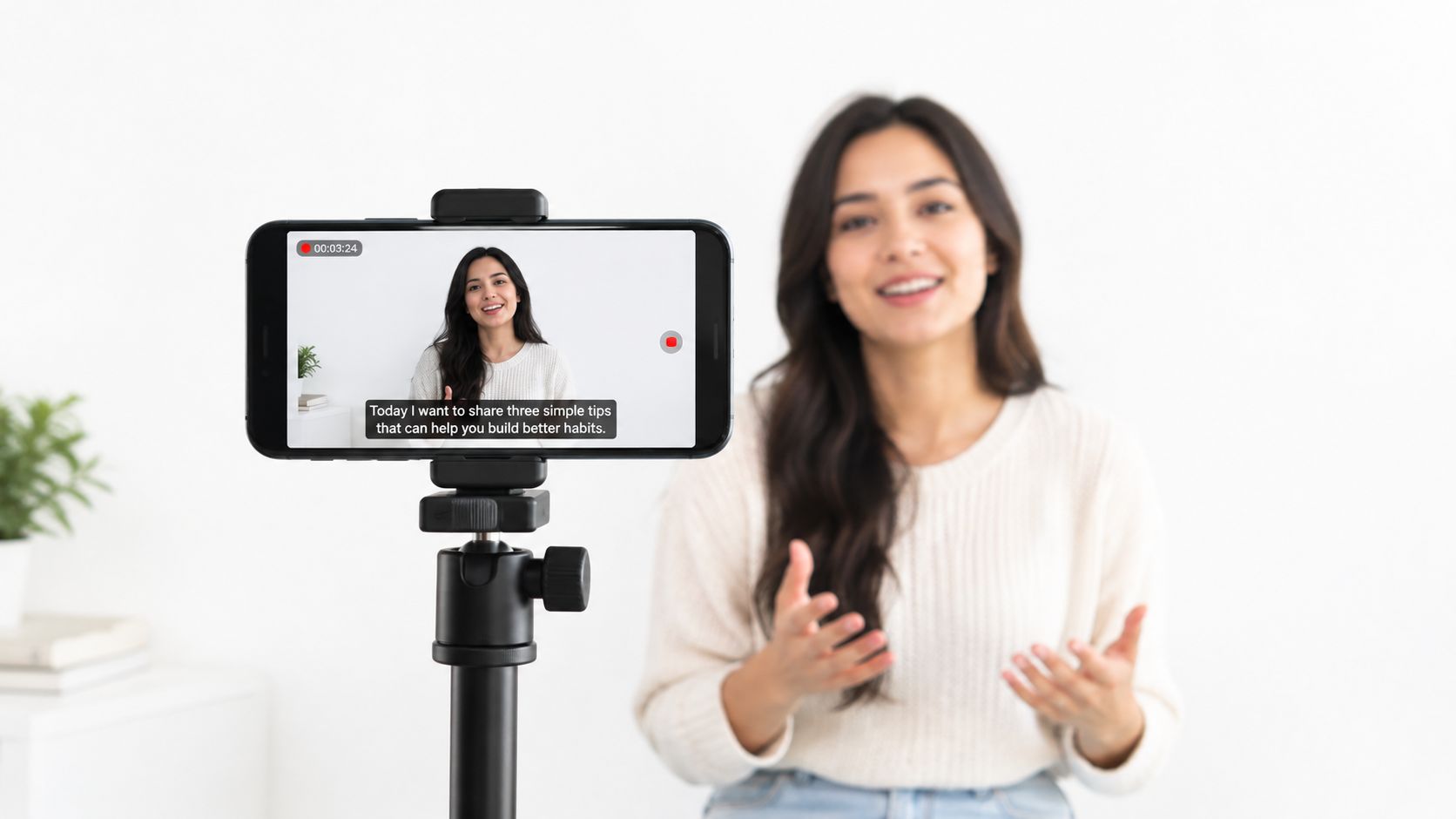 A woman creating a content video while filming herself with a smartphone on a tripod stand.
