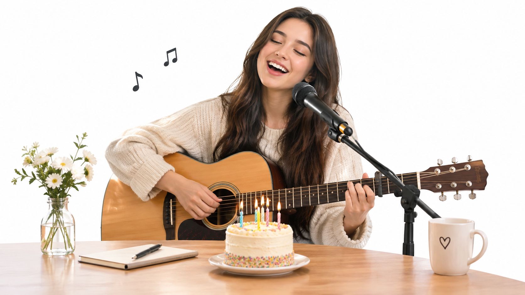 A happy young woman singing and playing acoustic guitar next to a small birthday cake.