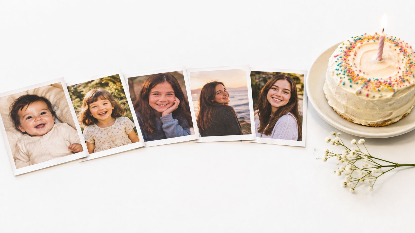 A row of printed photos showing a girl growing up from a baby, alongside a birthday cake.