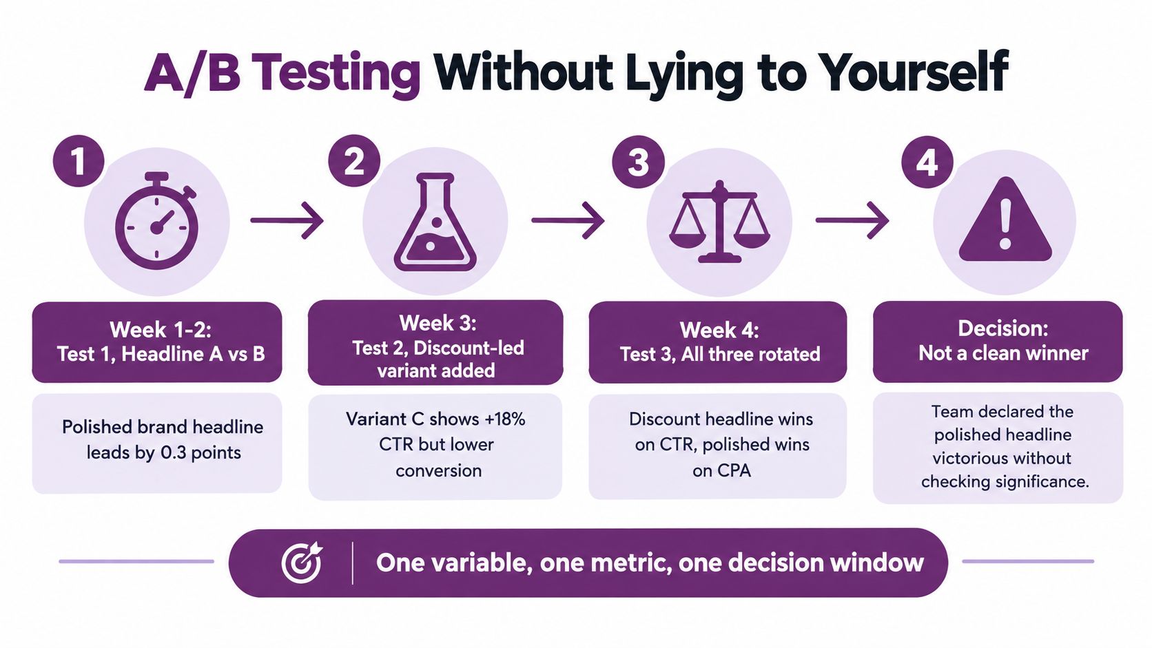 An infographic showing four steps of A/B testing with a focus on avoiding common analytical errors.