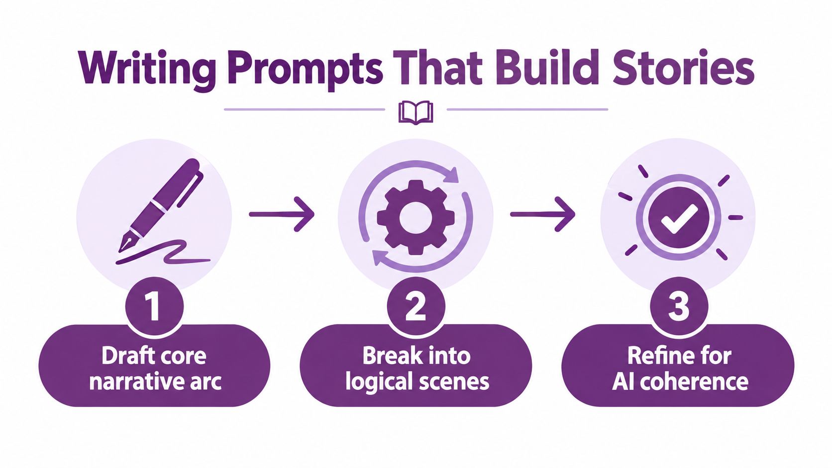 An infographic showing a three-step process to build stories using writing prompts for AI tools.