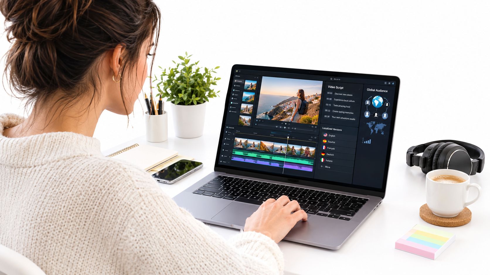 A woman working on a laptop with video editing software, featuring scripts and audience data visualizations.