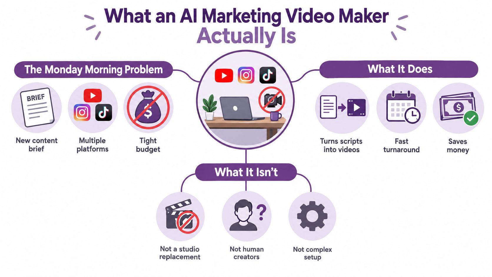 An infographic explaining the benefits of an AI marketing video maker, detailing its functions, advantages, and limitations.