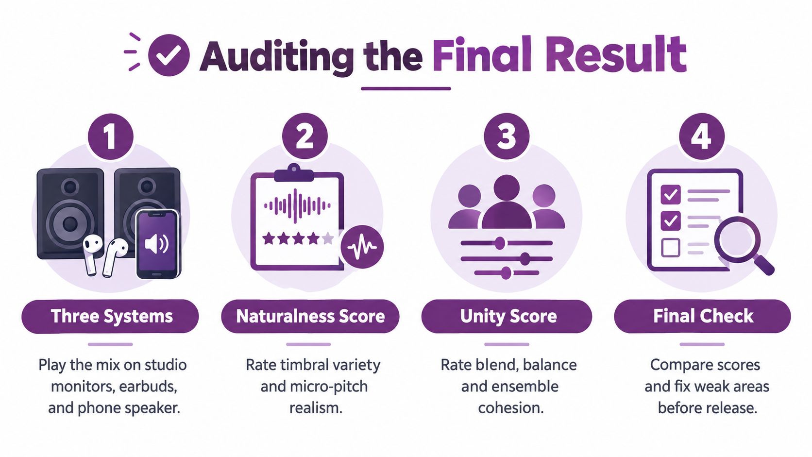 A four-step infographic illustrating a process for auditing audio quality in choral music production.
