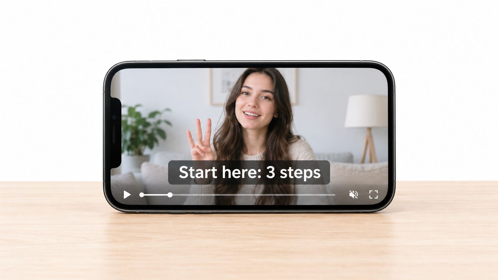 A smartphone screen displaying a woman in a video tutorial titled Start here: 3 steps.