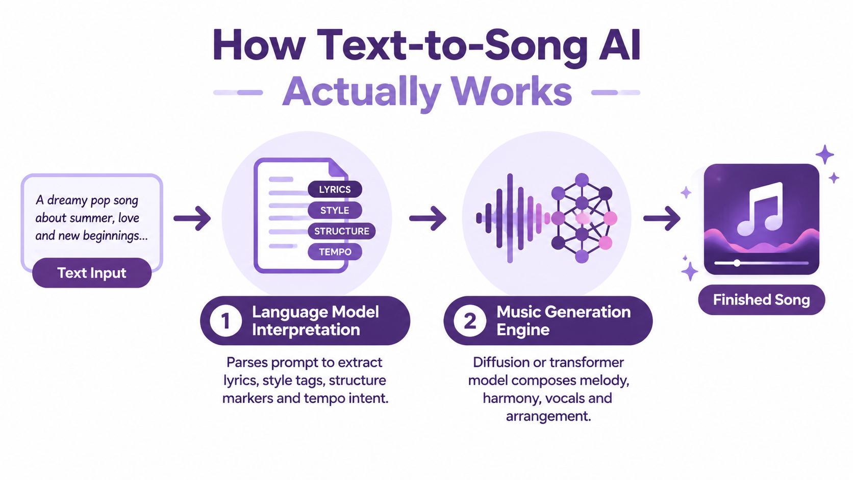 A diagram illustrating the two-step process of how AI converts text prompts into a finished musical song.