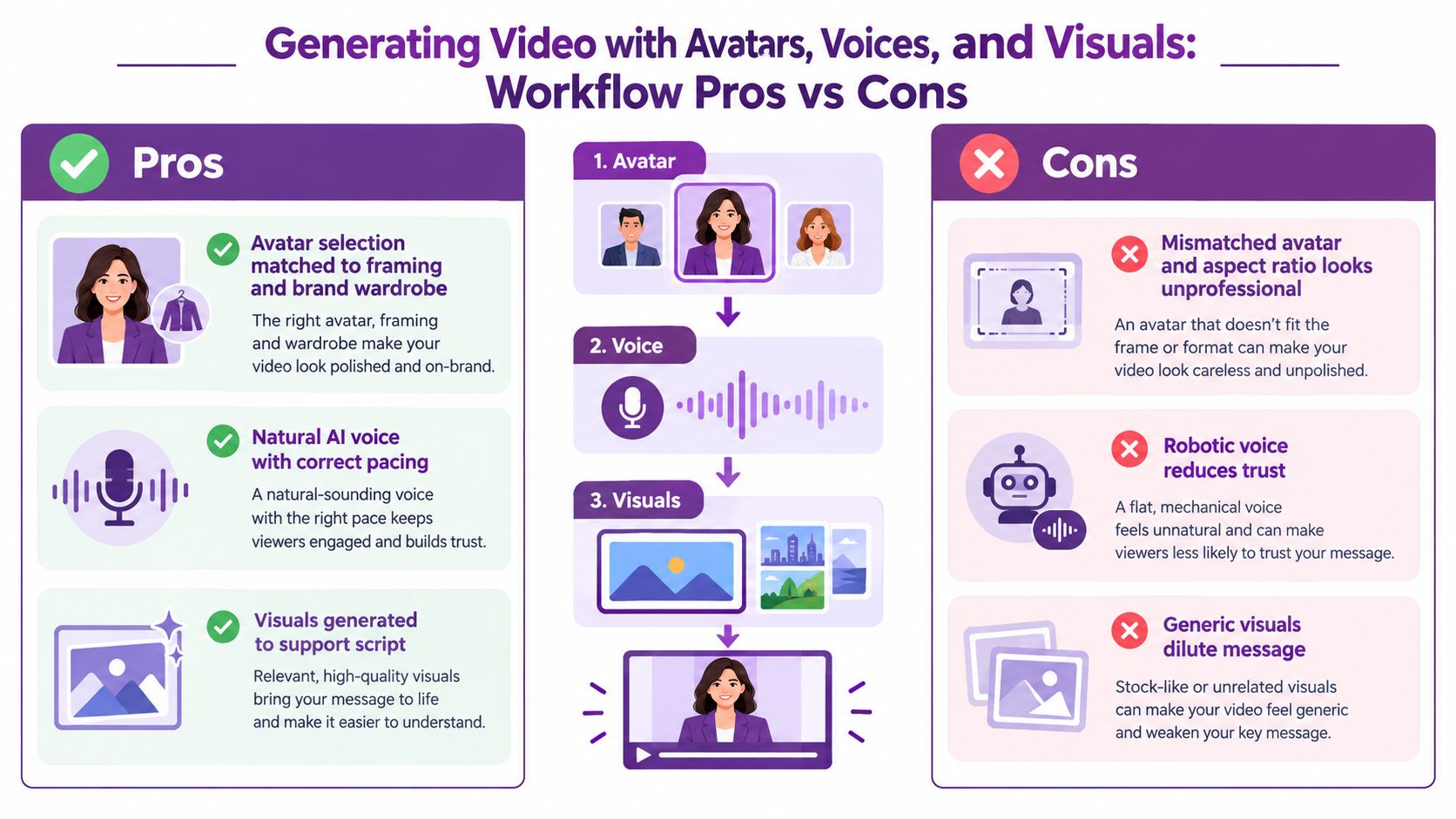An infographic detailing the pros and cons of using AI to create avatars, voices, and visuals for videos.