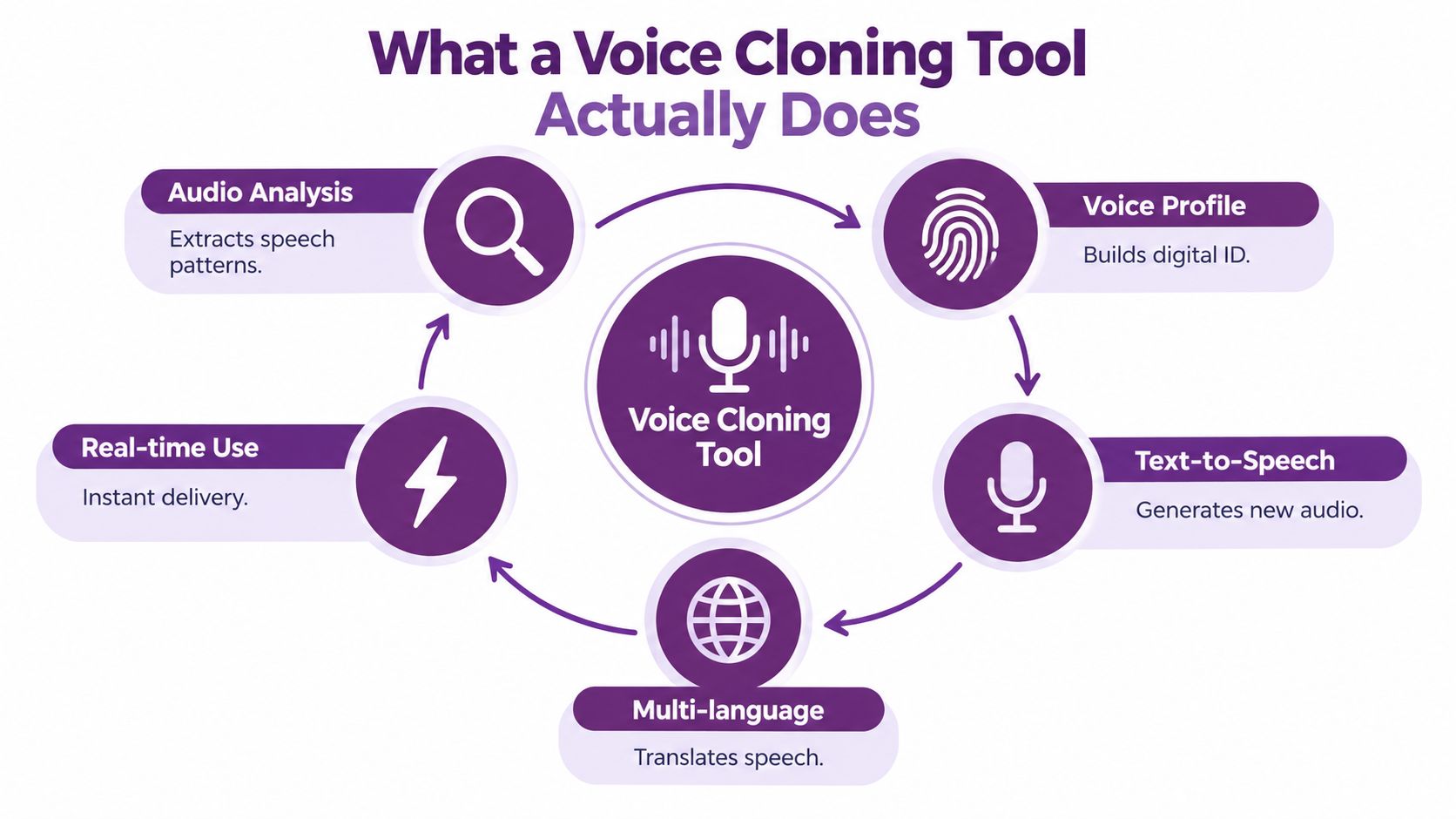 An infographic showing the cyclic process of how a voice cloning tool works through five key stages.