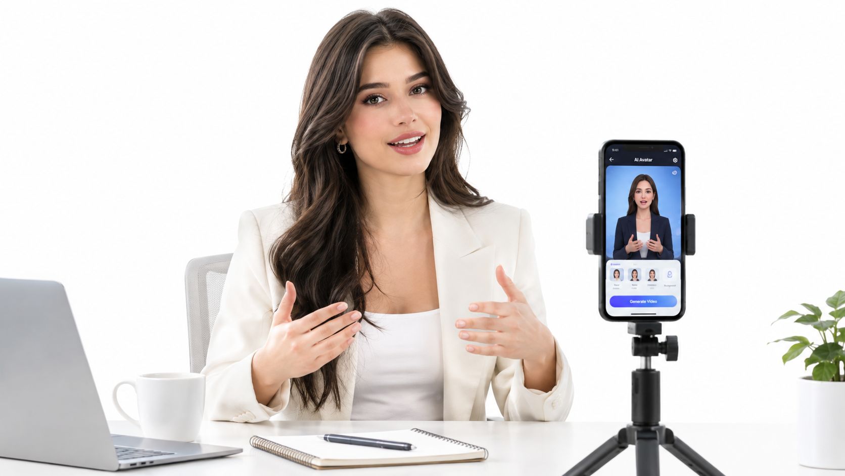 A professional woman speaking in front of a smartphone on a tripod using an AI avatar generator app.