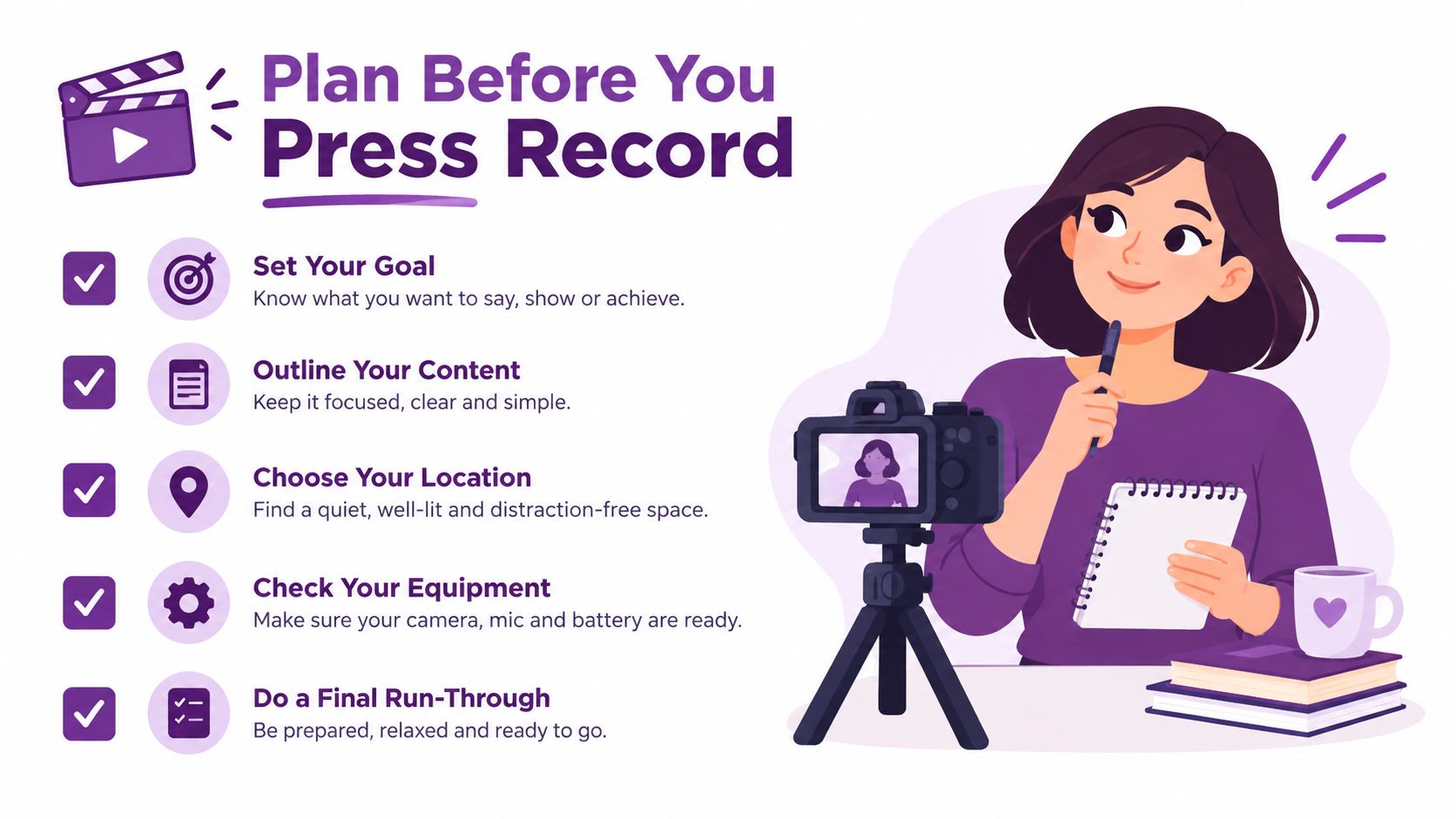 An illustration of a young woman planning content for a video with a camera set up.