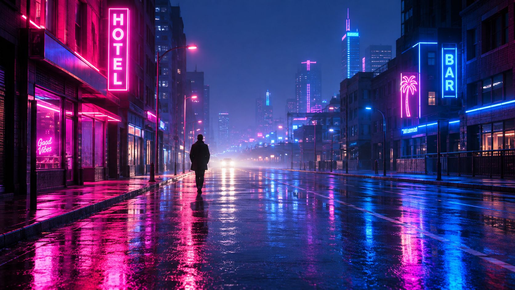 A silhouette of a person walking down a neon-lit city street at night during a rainstorm.