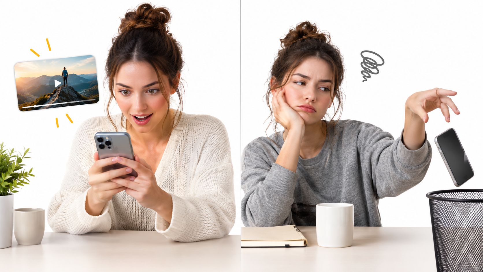 A woman looks excited watching a smartphone video, then tosses the phone away with a bored expression.