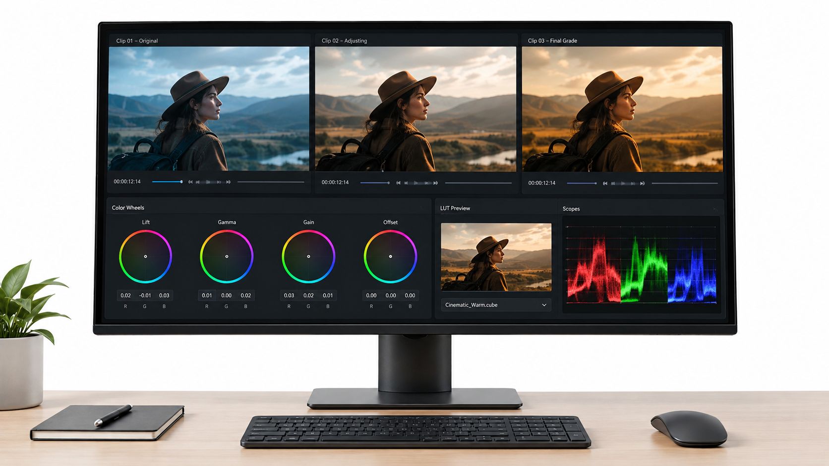 A professional computer monitor displaying video color grading software with tools, color wheels, and footage comparisons.