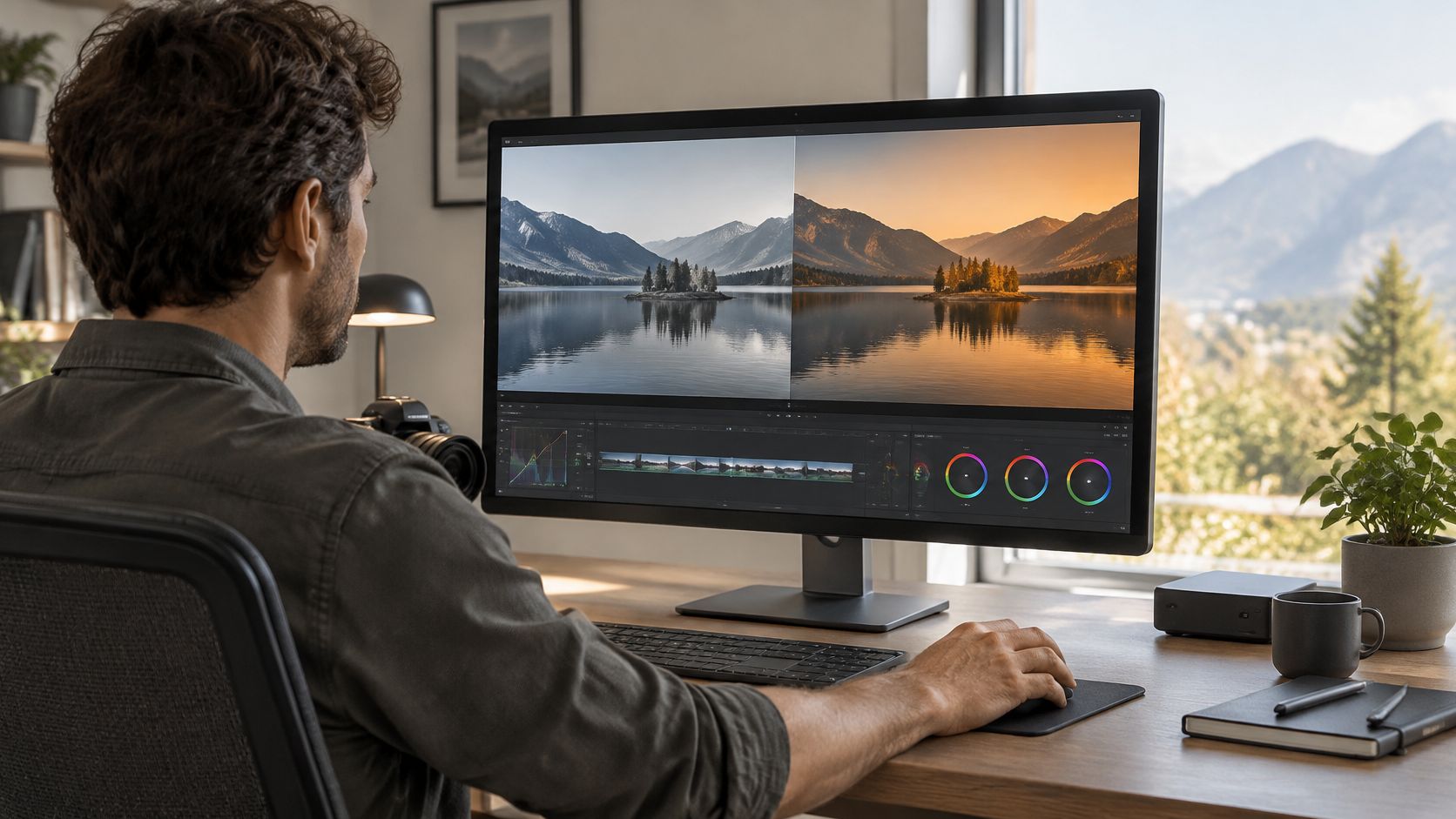 A professional editor working on color grading mountain landscape photos on a modern computer monitor screen.
