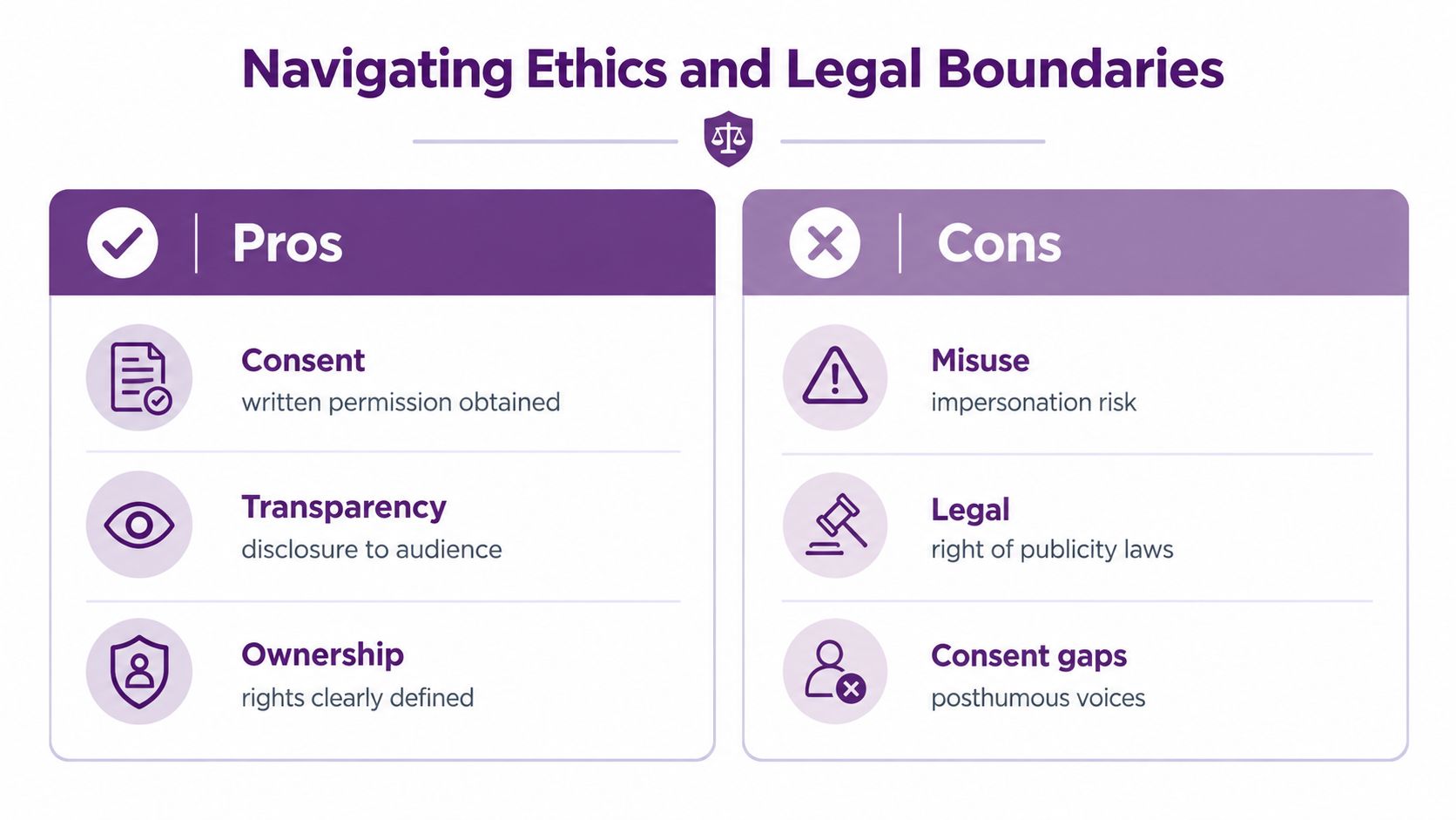 An infographic comparing the pros and cons of ethics and legal boundaries in voice cloning technology.