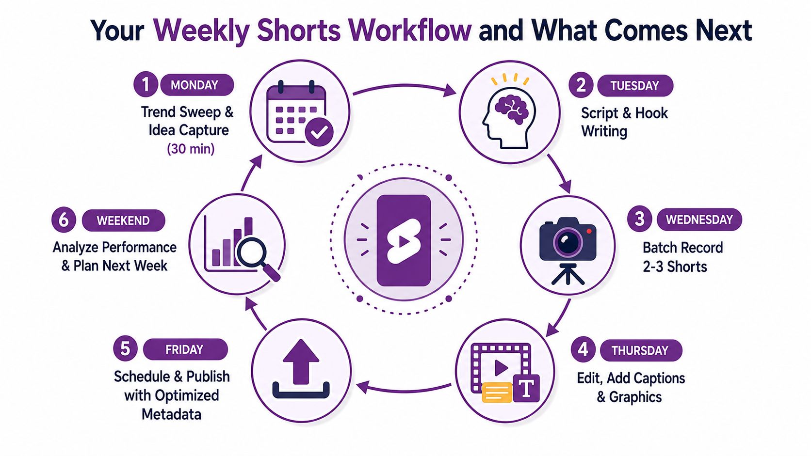 A circular workflow diagram illustrating the weekly process for creating and publishing YouTube Shorts content.