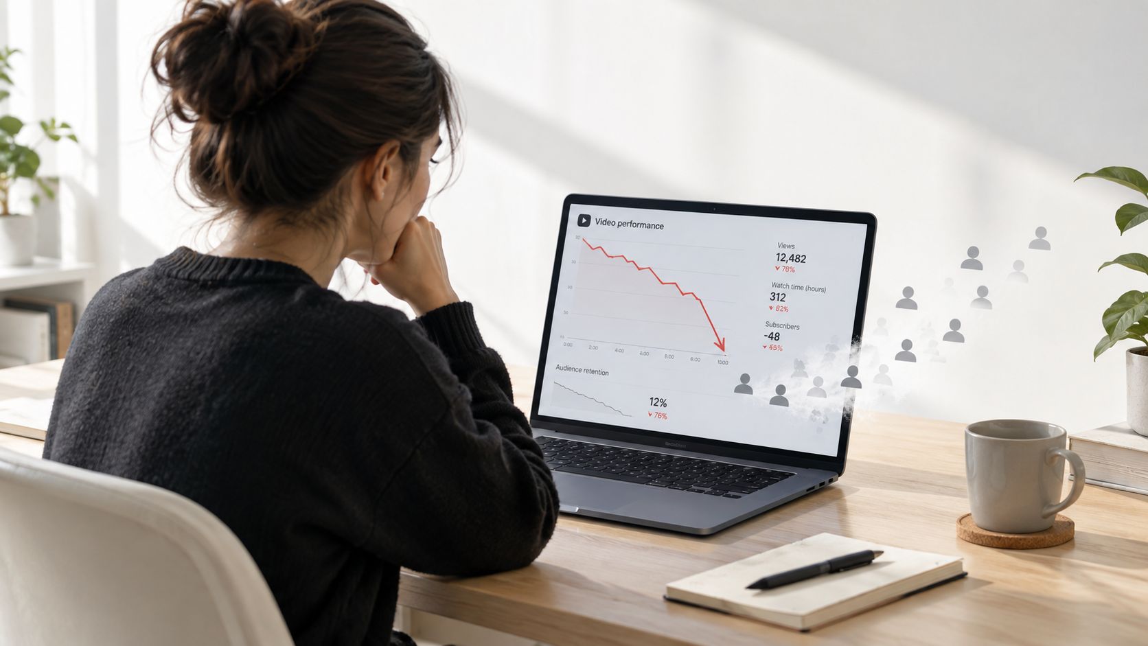 A woman looks concerned while reviewing declining YouTube video performance analytics on her laptop screen.