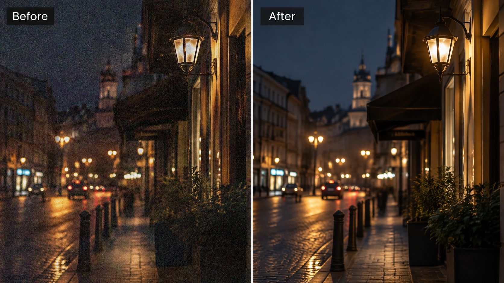 A split-screen comparison showing a grainy night street scene before and after AI video enhancement techniques.