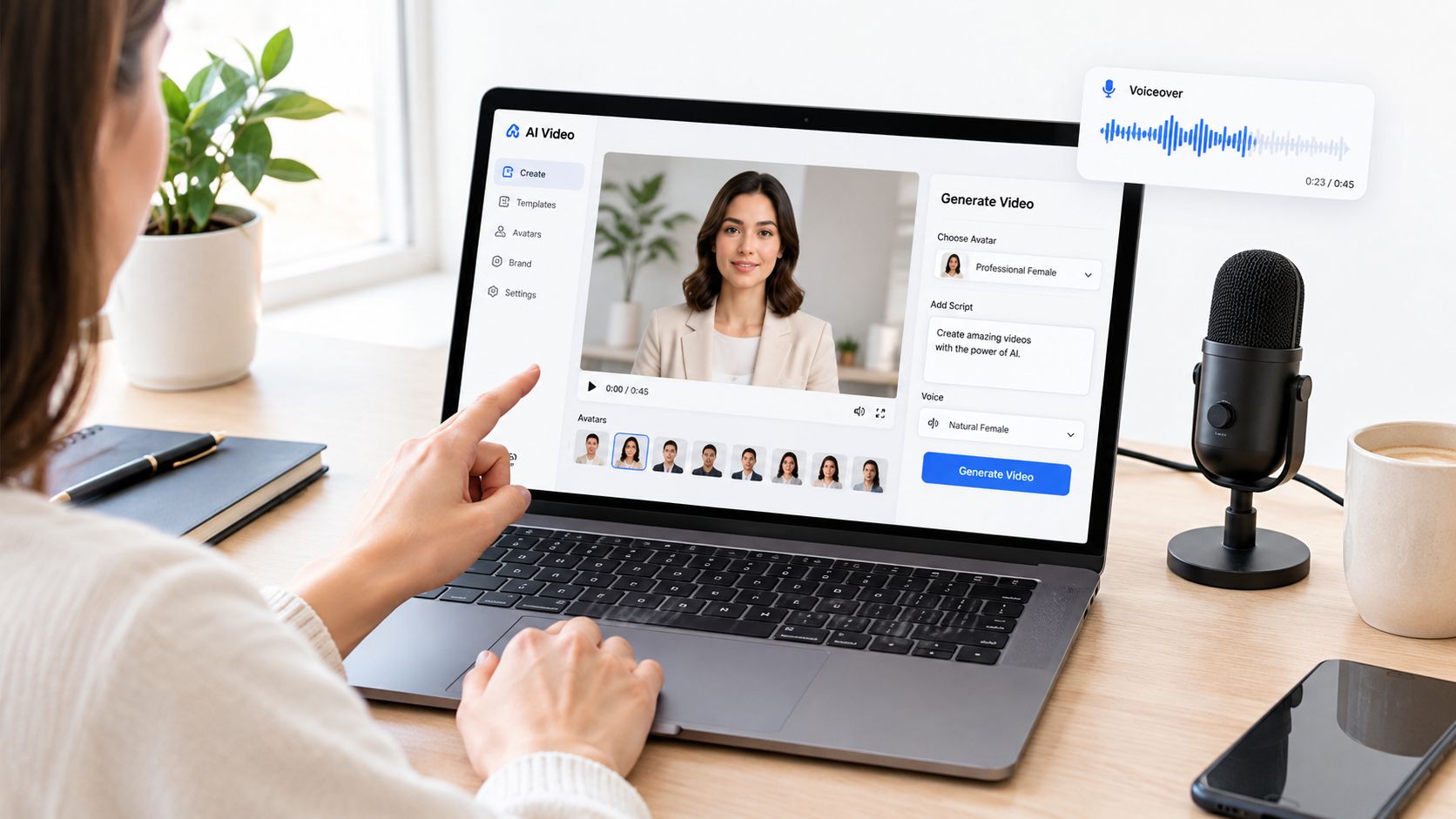 A woman working on a laptop using AI video generation software to create professional videos for YouTube.