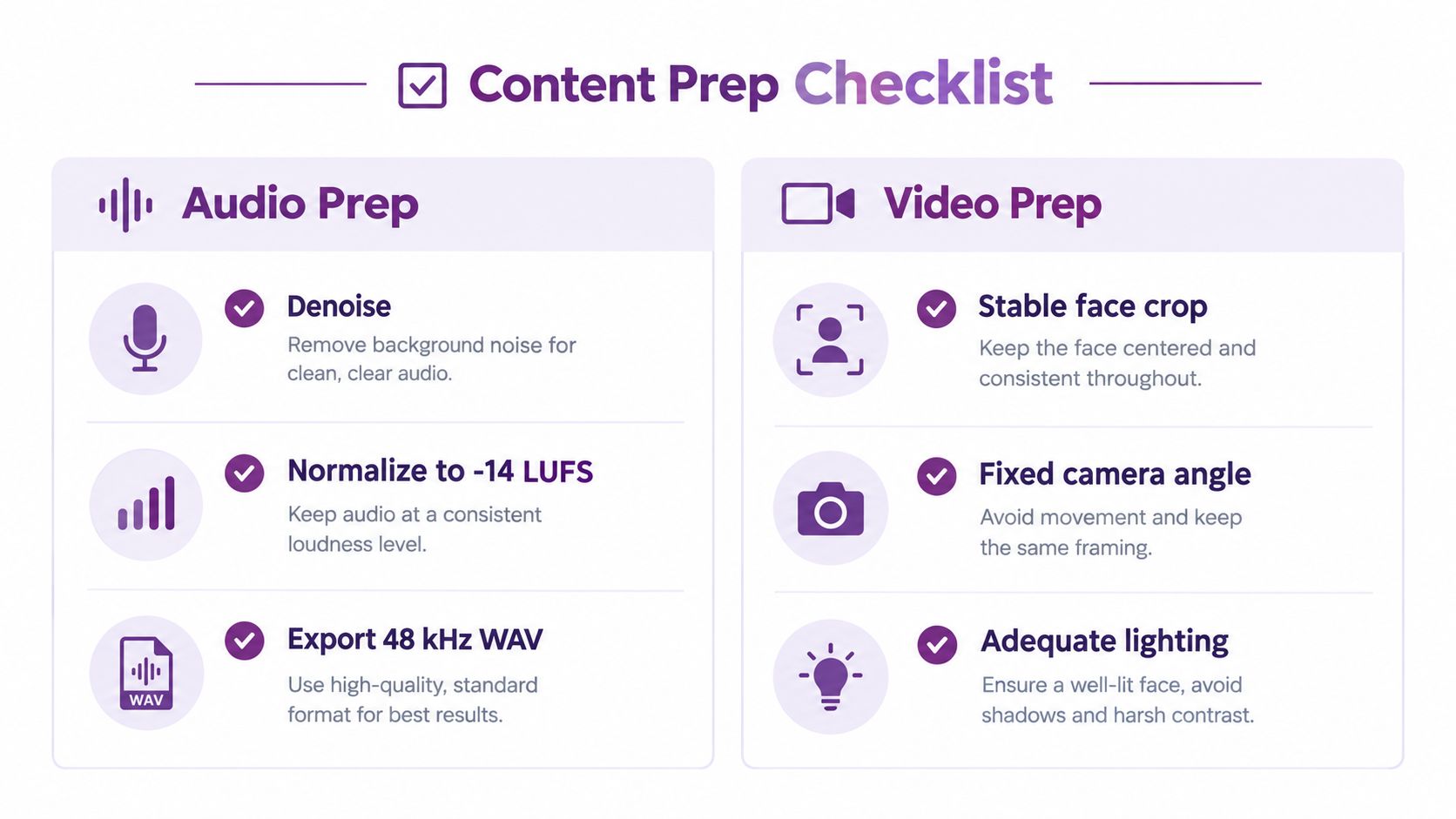 A content preparation checklist infographic with tips for audio and video setup including denoising and lighting.