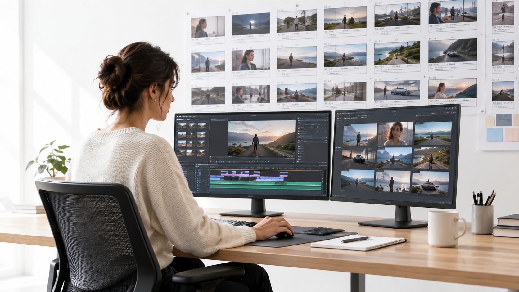 A professional video editor working at a desk with two computer monitors displaying video editing software.