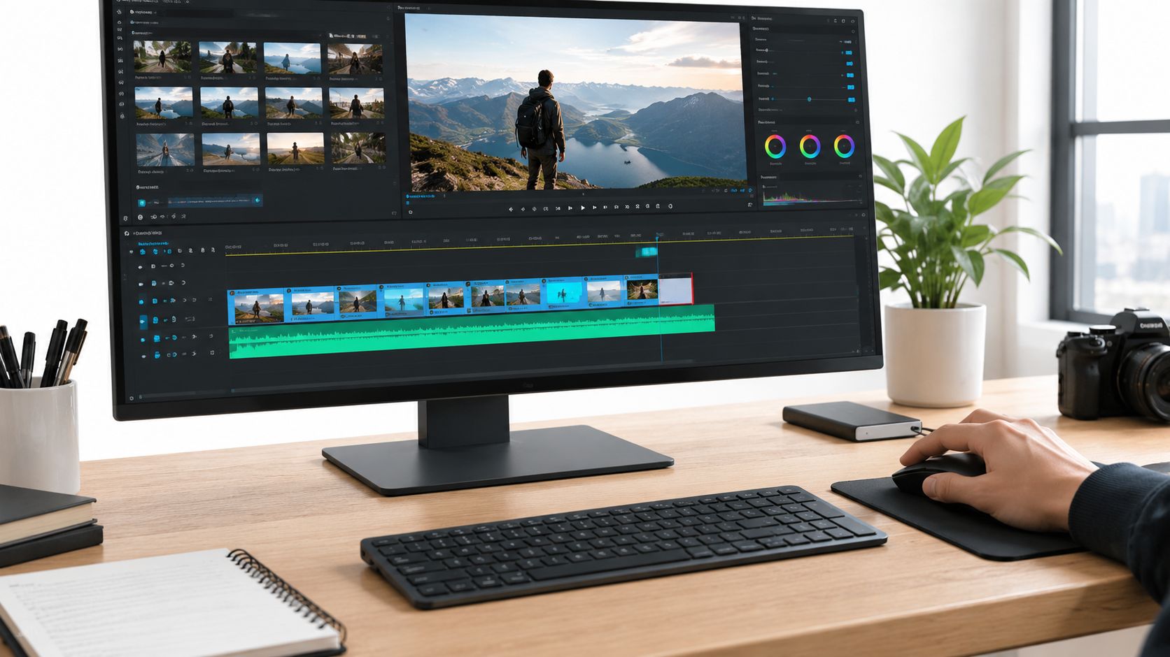 A person editing a video on a large computer monitor in a bright home office workspace.
