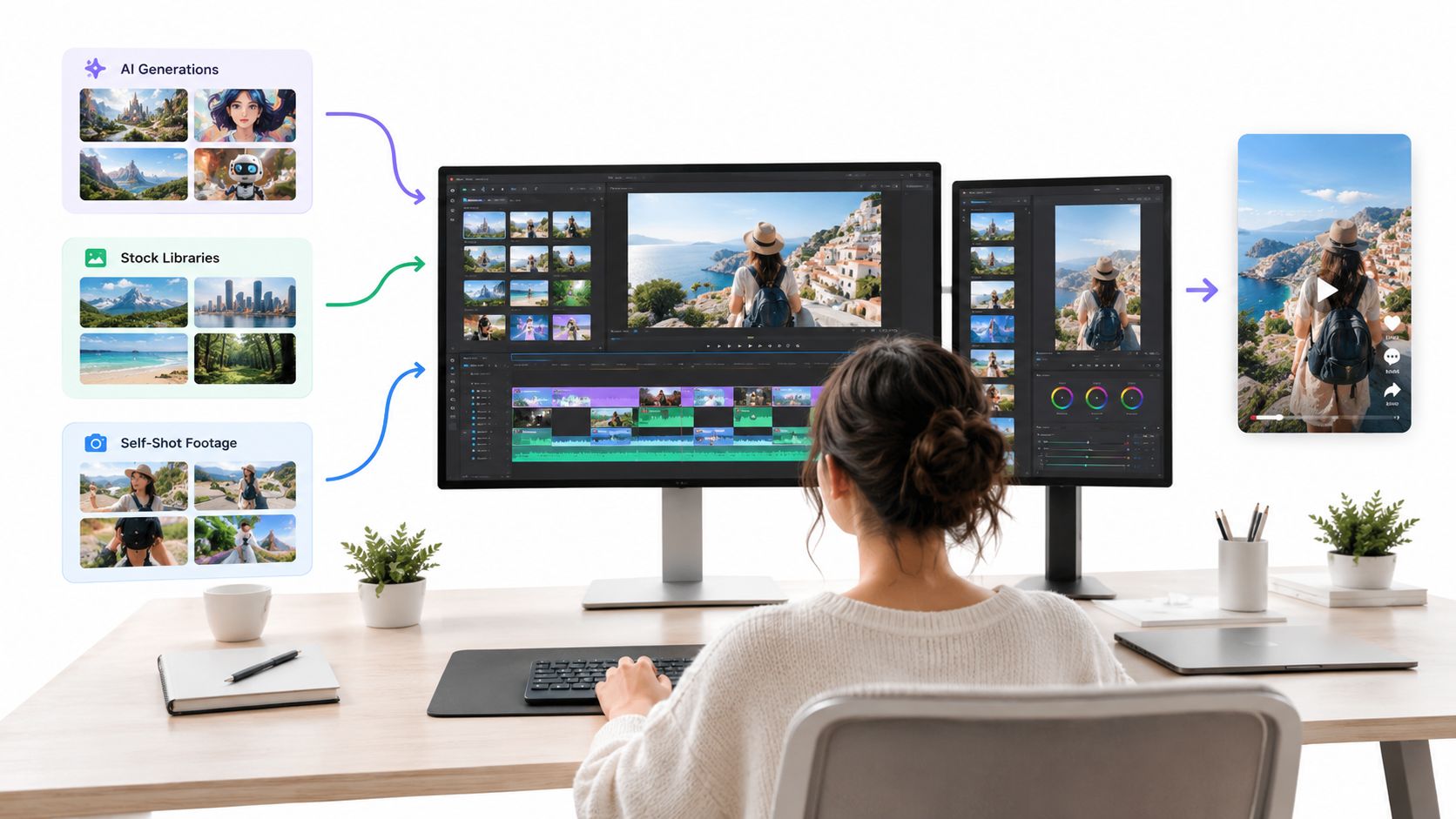 A person editing professional video content on dual monitors using various creative assets and stock footage.