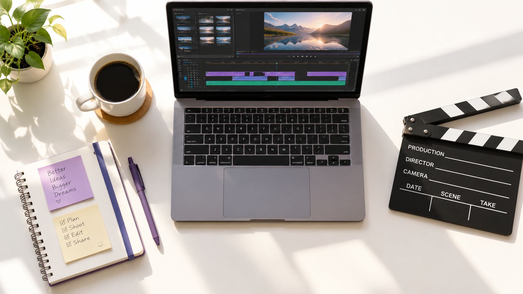 A professional video production setup with a laptop, clapperboard, coffee, and a notebook on a desk.