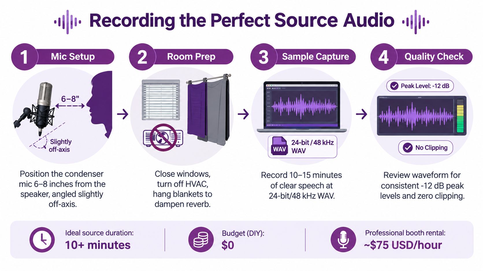 An infographic titled Recording the Perfect Source Audio, showing four steps for high-quality voice recording.