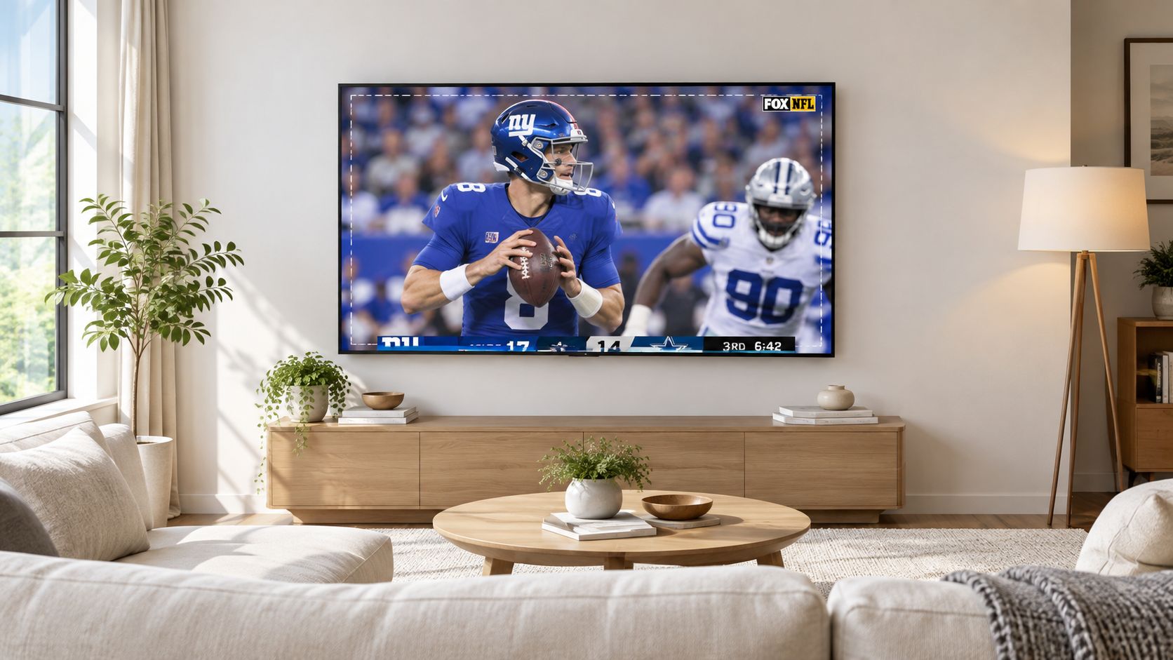 A large HDTV screen showing a football game displayed in a bright, modern minimalist living room setup.