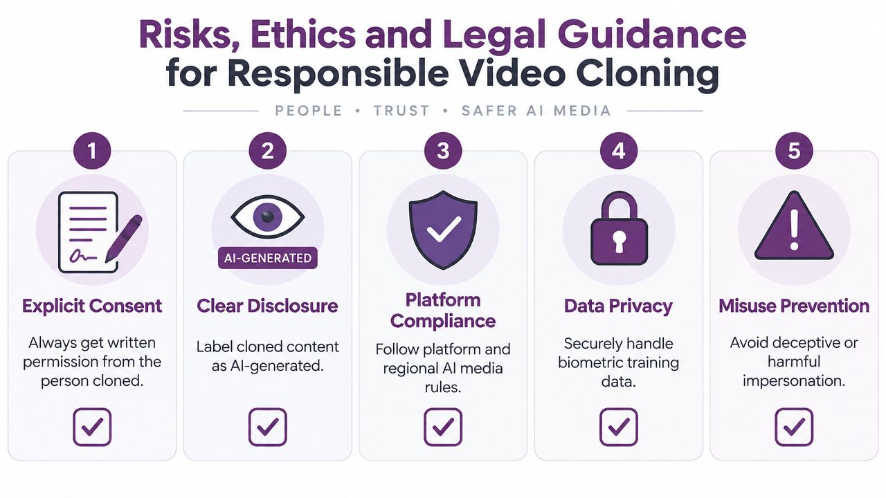 An infographic titled Risks, Ethics and Legal Guidance for Responsible Video Cloning featuring five key guidelines.