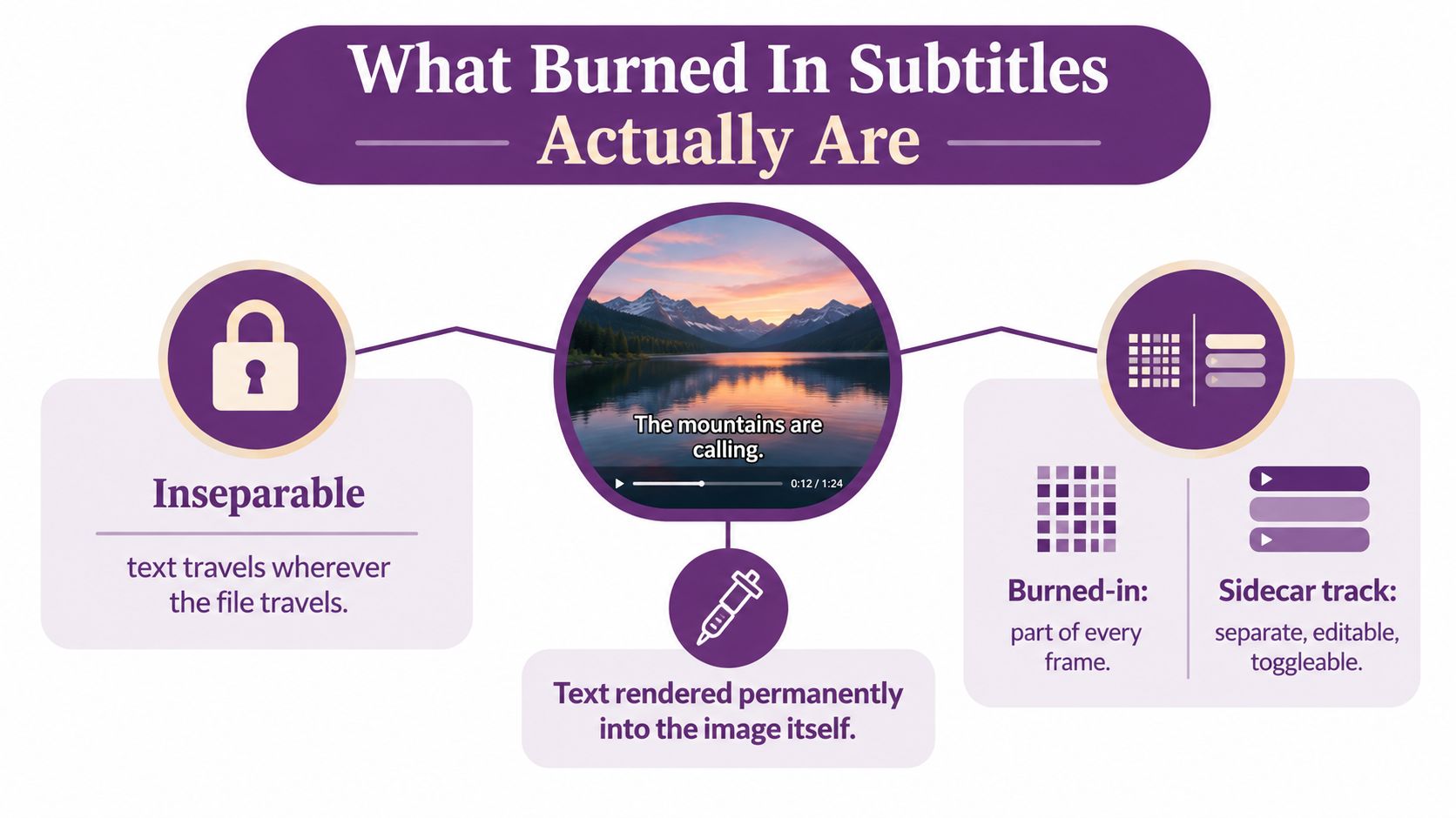 An infographic explaining that burned-in subtitles are permanently embedded into video files and cannot be separated.