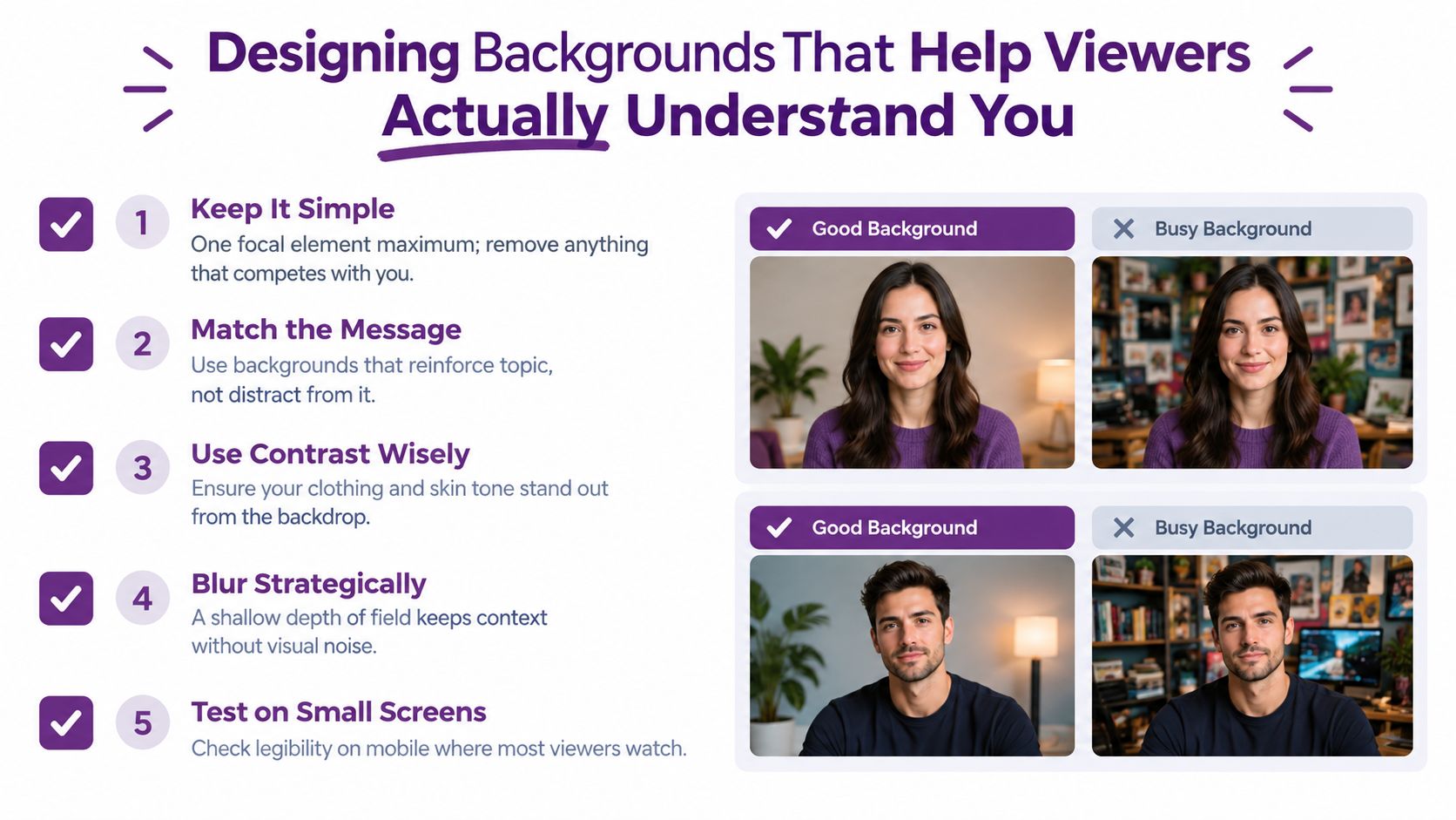 An infographic detailing five tips for designing clean, professional video backgrounds to improve viewer focus and understanding.