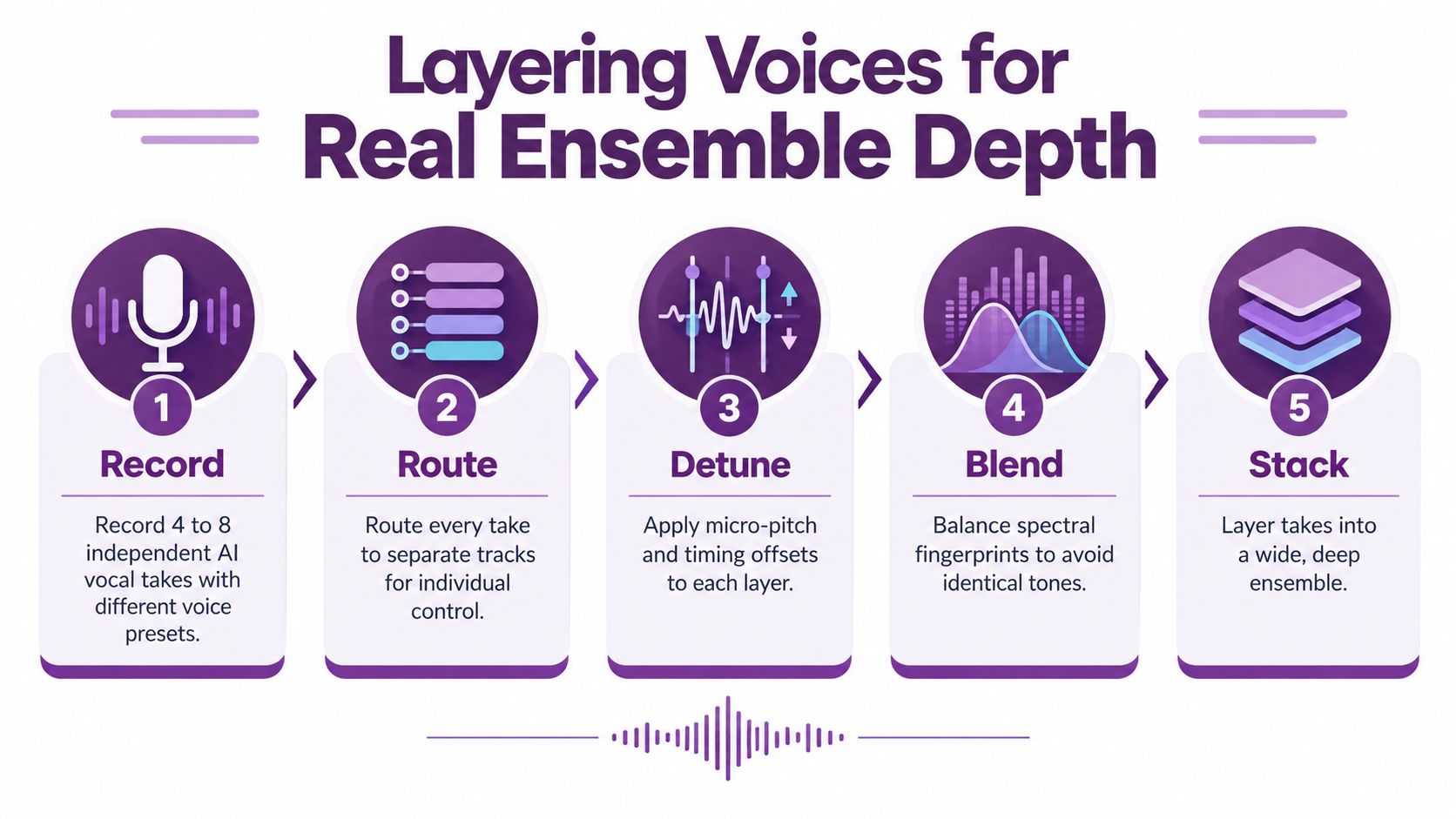 An infographic detailing five steps for layering AI voices to achieve a deep, natural-sounding choral ensemble effect.