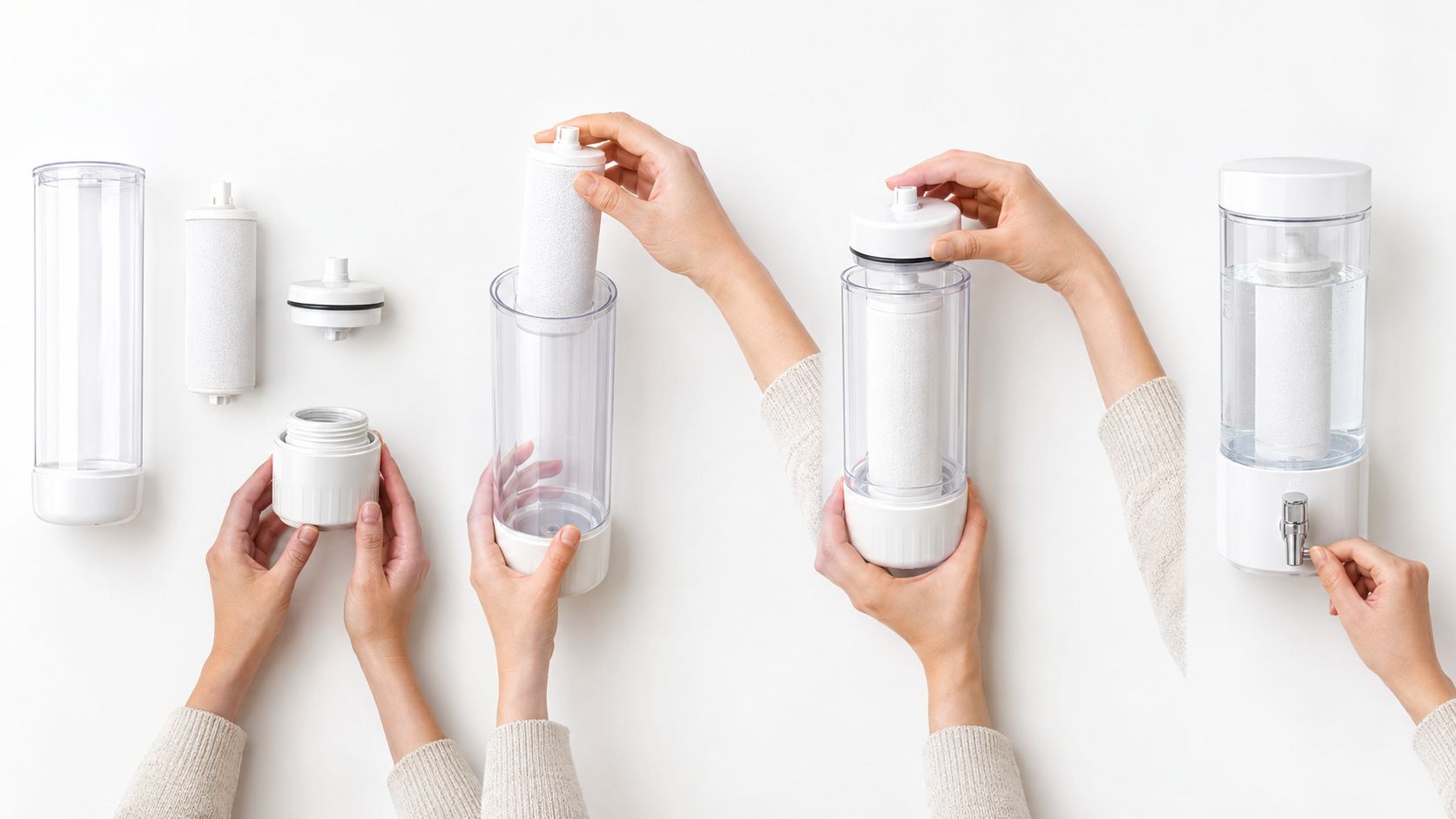 A step-by-step assembly guide for a white desktop water filter dispenser showing hands installing the filter cartridge.