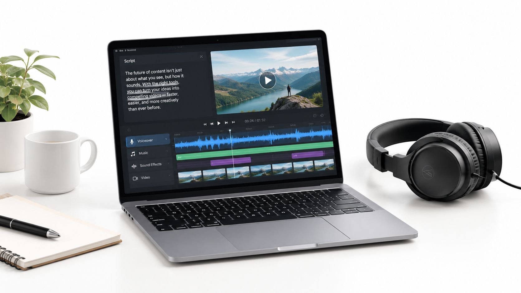 A modern laptop displaying video editing software with a script window, next to headphones and coffee.
