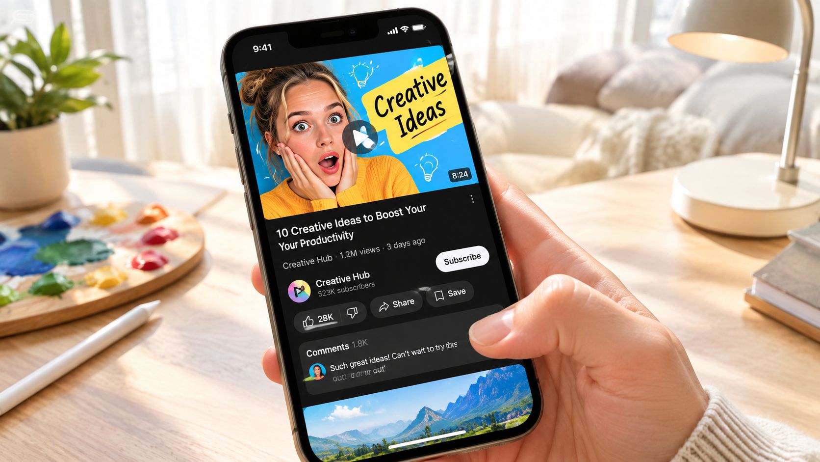 A hand holding a smartphone displaying a YouTube video titled 10 Creative Ideas to Boost Your Productivity.