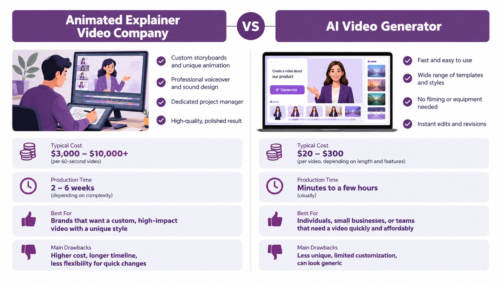 A comparison chart showing the differences between hiring an animated explainer video company and using AI generators.