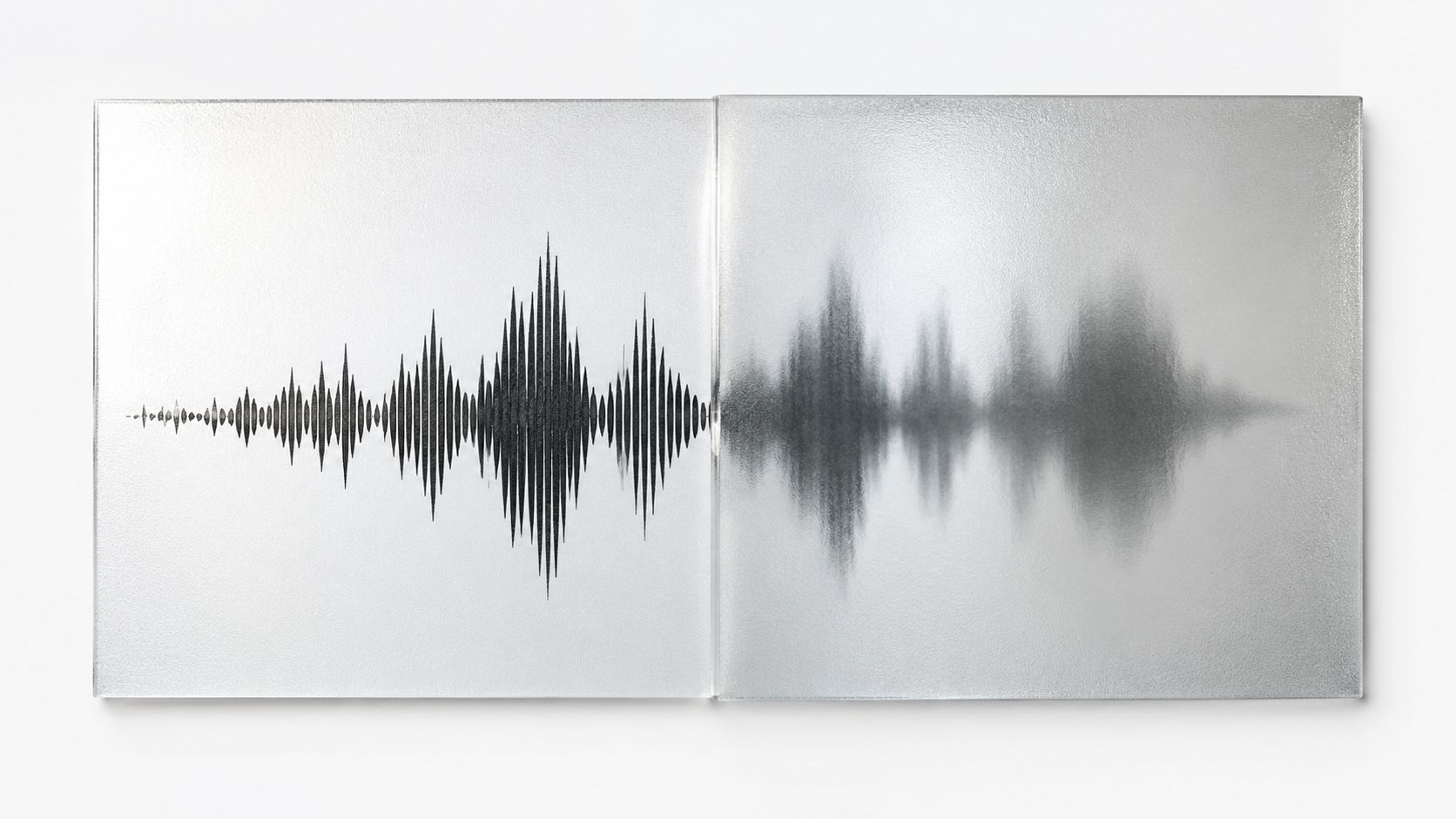 A dual-panel display showing a sharp sound wave on the left and a blurred reflection on the right.
